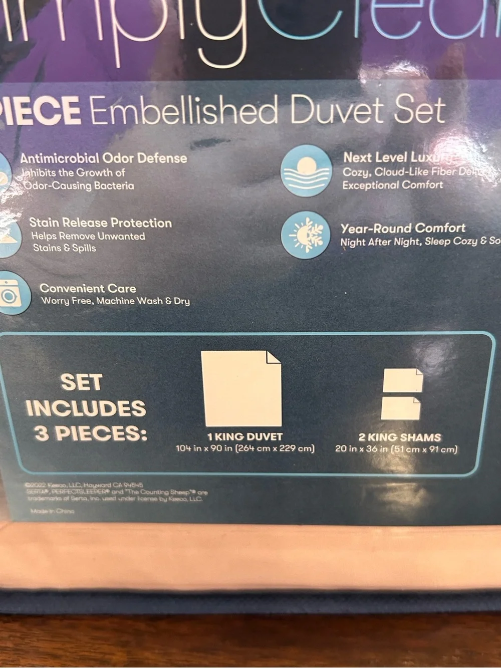 Serta King SimplyClean Embellished Duvet Set in Pink w/3 Pieces Antimicrobial